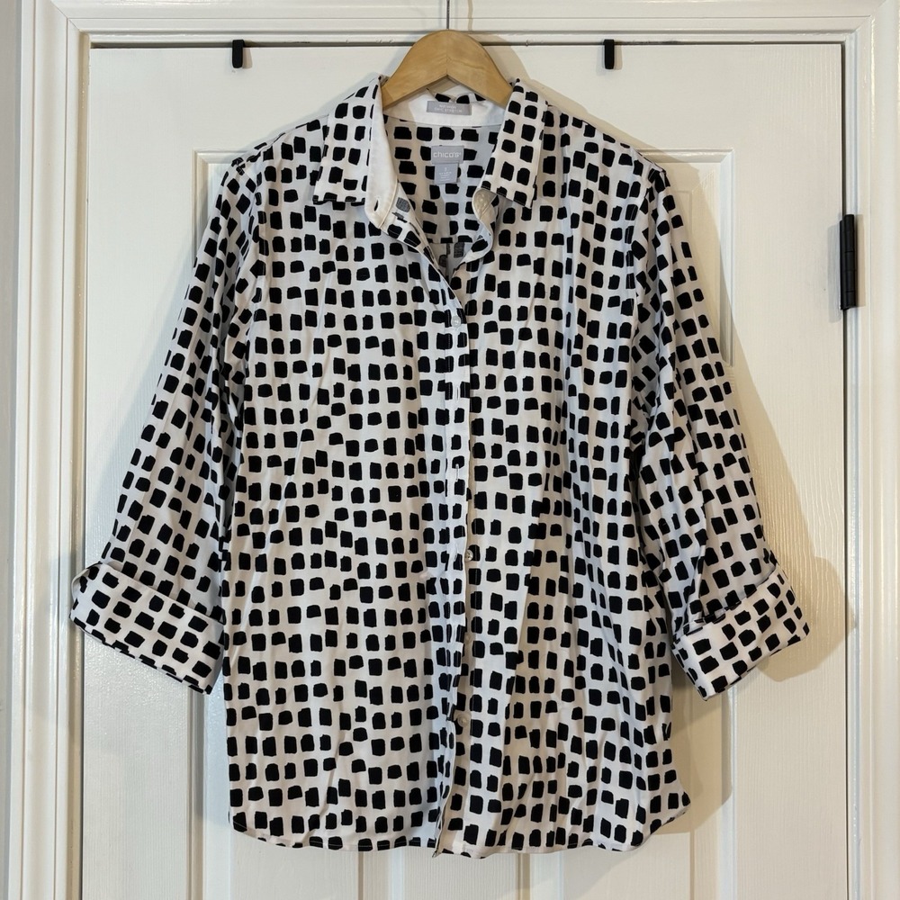 Chico's No-Iron Stretch Geometric Button-Up Shirt Sz 3 Women16 Collar 3/4 Sleeve